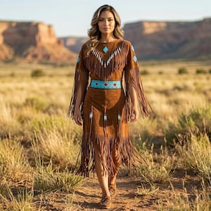 May include: A brown suede dress featuring long fringe detailing on the sleeves and hem. The garment includes a wide belt with a turquoise, red, and white geometric pattern, and matching decorative accents on the chest and sleeves.