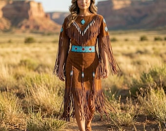 brown native american dress Handmade Suede Fringe | Western Beaded Regalia Maxi | Tribal Traditional Festival Outfit Sister Jane CURIO MINI Color:calypso This wonderful native american native american buckskin dress Rylee