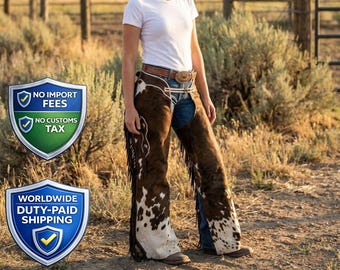 Chaparreras con flecos y estampado de vaca estilo western / Leggings de cuero repujado hechos a mano / Pantalones de rodeo para vaqueras y espectáculos ecuestres