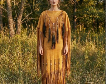 Handmade Suede Fringe Western Wedding Dress | Native-Inspired Tribal Beaded Gown | Women Powwow-Regalia Festival Outfit