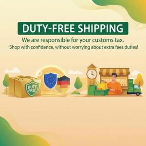 May include: A graphic illustration featuring the text DUTY-FREE SHIPPING, We are responsible for your customs tax. Shop with confidence, without worrying about extra fees duties! A cardboard box, shields with European and German flags, and a person shopping.