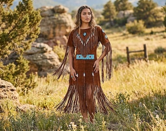 Handmade Suede Fringe Wedding Dress | Western Native Style Maxi | Cowgirl Regalia Bride Festival Outfit