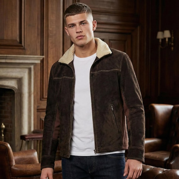 Men's Dark Brown Suede Jacket | Shearling Sherpa Collar Trucker Bomber Coat | Western Biker Style