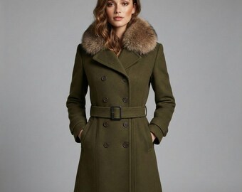 Women Olive Wool Trench Coat | Belted Winter Warm Outerwear | Handmade Luxury Fur Collar Overcoat