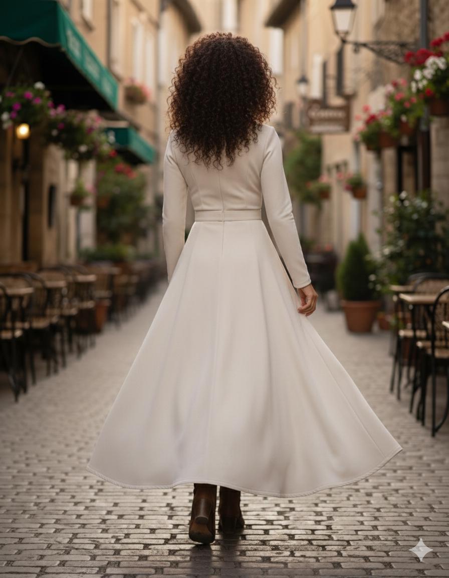 handcrafted cream midi dress Handmade Cream Calico Cotton Wrap Dress, Cottagecore Midi With Pockets