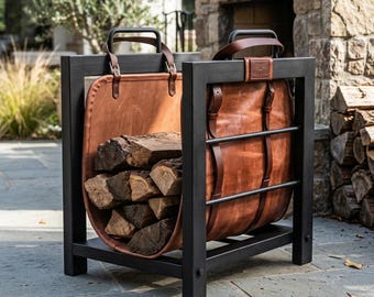 Porte-bûches en cuir fait main | Cheminée, panier fourre-tout à bûches | Sac à bandoulière en bois rustique