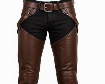 Men's Brown Leather Motorcycle Chaps | Western Biker Riding Gear | Cowboy Cowgirl Rodeo Leggings