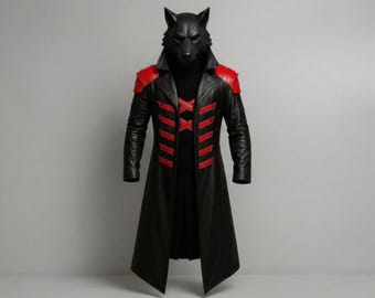 Rot & Schwarzes Gothic Lederkostüm | Werwolf Krieger Cosplay | Cyberpunk Sci-Fi Vigilante lange Dusterjacke