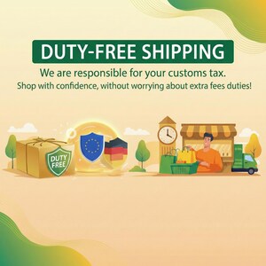 Peut inclure: Illustration avec le texte "DUTY-FREE SHIPPING". L'image pr&eacute;sente un coffret cadeau, des boucliers avec des drapeaux, une tour d'horloge, une boutique et une personne avec des sacs de courses. L'image promeut les achats hors taxes.