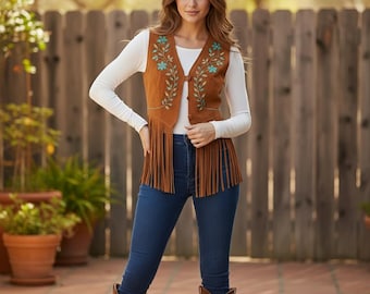 Women's Western Beaded Suede Vest | Handmade Floral Fringe Waistcoat | Boho Cowgirl Leather Top Outfit