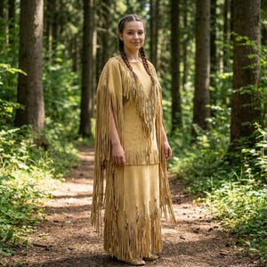 Könnte beinhalten: Eine Frau trägt ein beigefarbenes Wildleder-Kleid und einen Umhang mit Fransen. Das Kleid hat einen langen Rock und der Umhang hat lange Fransenärmel. Das Outfit ist mit Perlenakzenten verziert. Der Hintergrund ist ein Wald mit hohen Bäumen und einem Pfad.