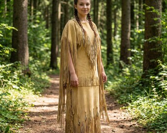 Handmade Suede Fringe Wedding Dress | Western Beaded Powwow-Regalia Gown | Cowgirl Native-Inspired Tribal Festival Outfit