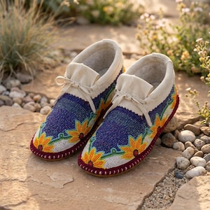 May include: A pair of cream-colored leather moccasins featuring intricate beadwork in blue, yellow, and green. The beaded pattern depicts sunflower motifs with a dark red border along the sole and a tie closure at the top of the foot.