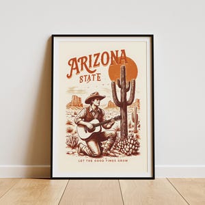 Cowboy in der Wüste Arizonas | Gerahmtes Poster oder Leinwand | Gitarre & Kaktus-Wand-Dekor | Premium-Qualität | Rahmenfarben für mehrere Größen