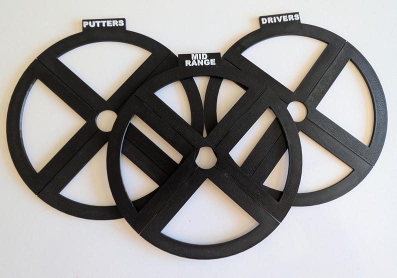 May include: Three black golf club guides with white centers are arranged on a white surface. The guides are labeled "PUTTERS", "MID RANGE", and "DRIVERS". The guides are circular with an "X" design.