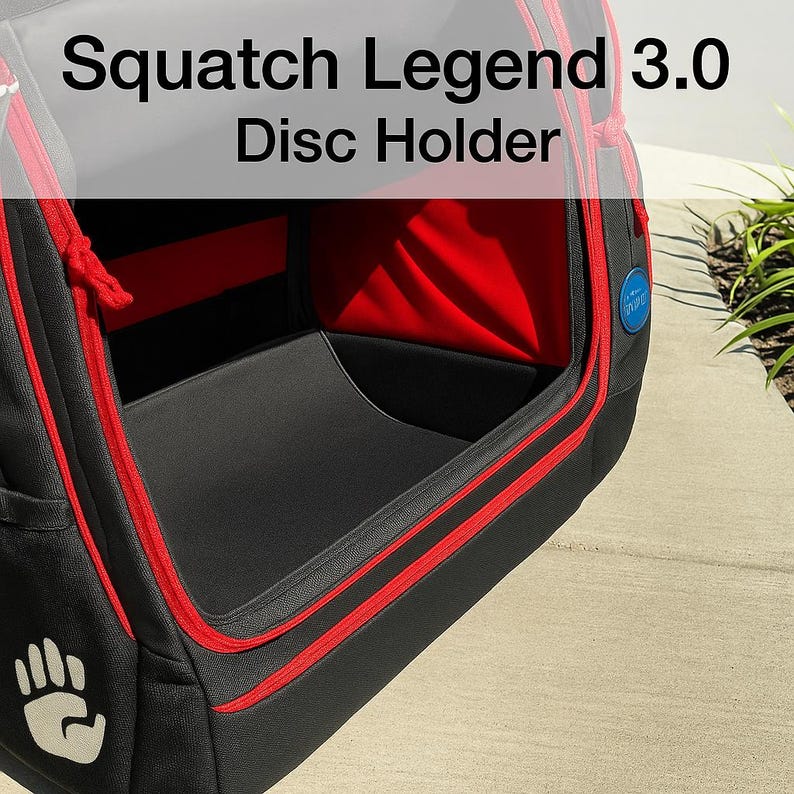 May include: Black disc golf bag with red accents and a zippered compartment. The bag has a white handprint logo and the text "Squatch Legend 3.0 Disc Holder".