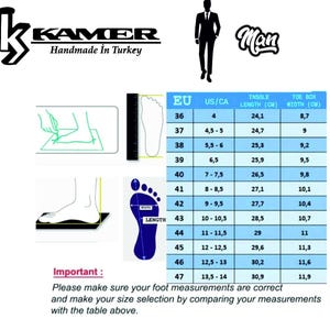 May include: A size chart for men's shoes with a graphic showing how to measure your foot. The chart shows European shoe sizes (EU), US/Canadian shoe sizes, insole length in centimeters, and toe box width in centimeters.