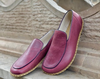 Womens Burgundy Leather Slip On Shoes, Handmade Leather Loafers, Stylish Minimalist Barefoot Shoes, Turkish Yemeni with Copper Detail