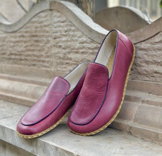 Womens Burgundy Leather Slip On Shoes, Handmade Leather Loafers, Stylish Minimalist Barefoot Shoes, Turkish Yemeni with Copper Detail