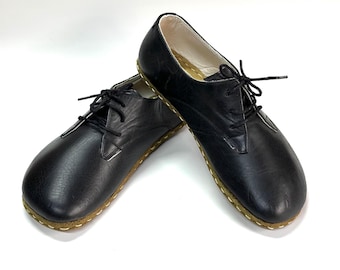 Womens Black Leather Lace Up Shoes, Handmade Turkish Yemeni, Minimalist Barefoot Shoes, Comfortable Everyday Shoes with Copper Detail
