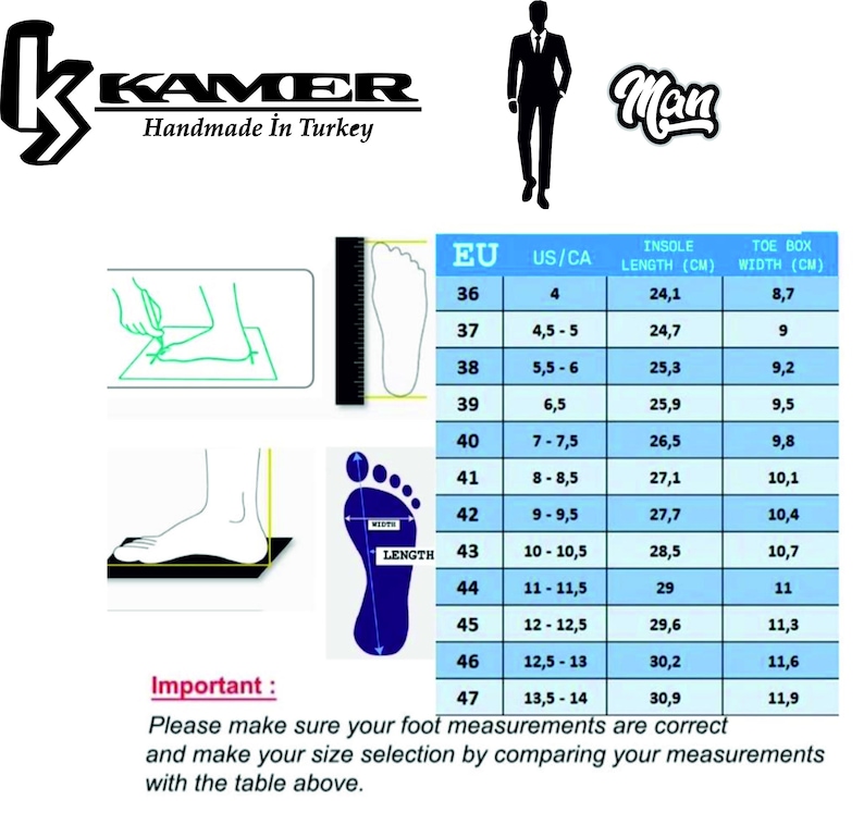 May include: A size chart for men's shoes with measurements in US, EU, and centimeters. The chart shows the insole length and toe box width for each size.