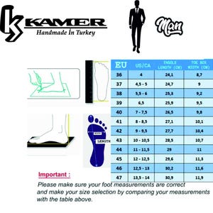 May include: Size chart for men's shoes with measurements in US, EU, and centimeters. The chart shows the insole length and toe box width for each size.