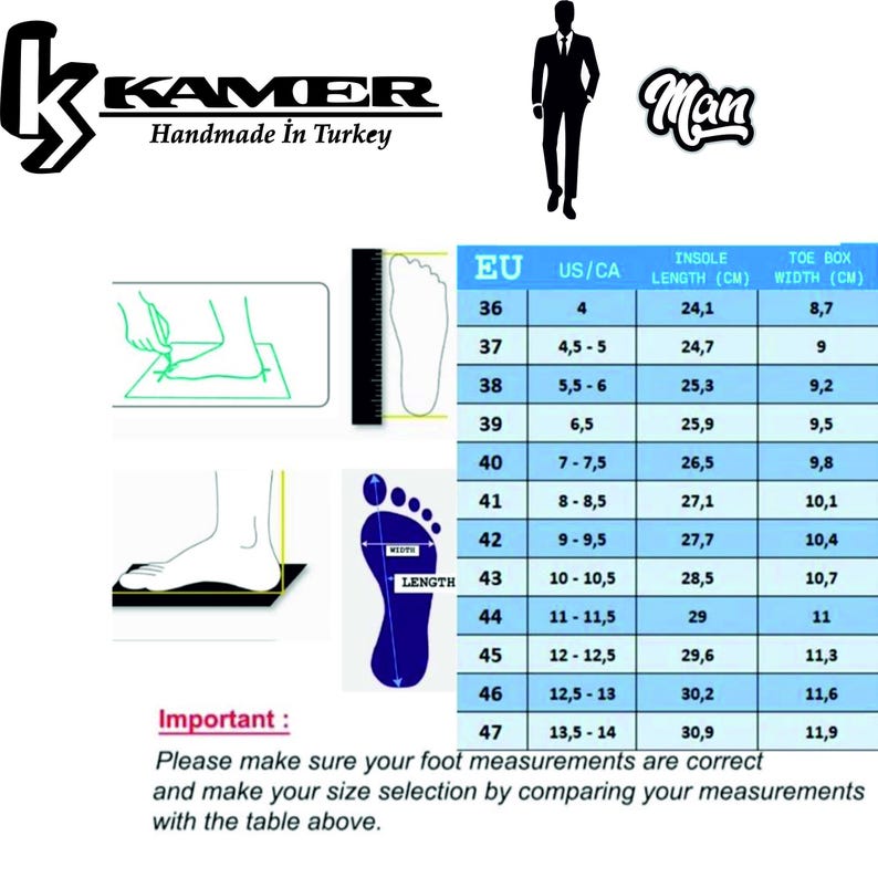 May include: Size chart for men's shoes with measurements in US, EU, and centimeters. The chart shows the insole length and toe box width for each size.