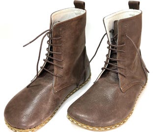 Barefoot Mens Boots,Earthing Leather Boot,Handmade Shoes,All Leather Shoes,Leather Boots,Leather Outsole Boot,Laced Up Boots - Brown
