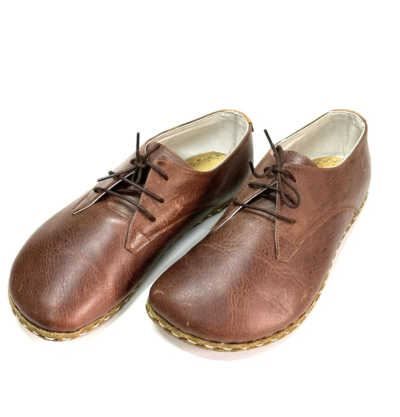 May include: A pair of brown leather lace-up shoes with a rounded toe and a stitched edge.