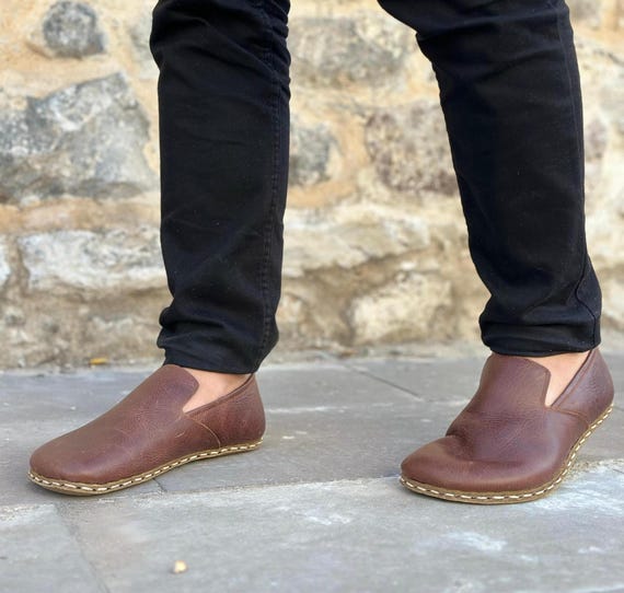 Womens Crazy Brown Leather Shoes, Handmade Slip On Shoes, Vintage Minimalist Barefoot Shoes, Turkish Yemeni Loafers with Copper Detail