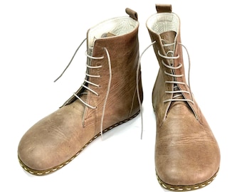 Mens,Earthing Leather Boot,Handmade Shoes,Leather Boots,Leather Outsole Boot,Laced Up Boots -Ankle Barefoot Boots- Vision Leather