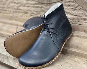Men&#39;s Boots,Earthing Leather Boot,Barefoot Shoes,Handmade Shoes,All Leather Shoes,Leather Boots,Leather Outsole Boot,Laced Up Boots -Black