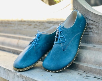 Womens Jeans Blue Leather Lace Up Shoes, Handmade Turkish Yemeni, Minimalist Barefoot Shoes, Casual Comfortable Shoes with Copper Detail