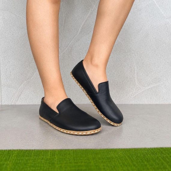 Womens Black Leather Slip On Shoes, Handmade Turkish Yemeni, Minimalist Barefoot Shoes, Comfortable Everyday Loafers with Copper Detail