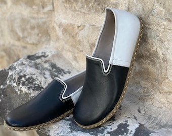 Mens Handmade Leather Barefoot Shoes: Black & White Grounded Minimalist