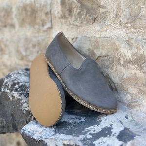 Womens Gray Nubuck Color Leather Slip Ons, Turkish Yemeni Shoes, Handmade Leather Loafers, Flat Men Shoes, Gift for Him, Fathers Day Gift