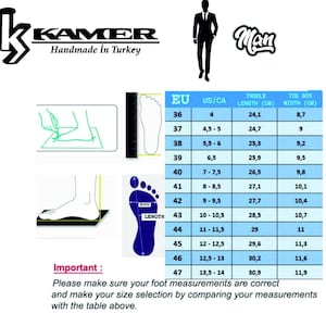 May include: A size chart for men's shoes with a table showing European shoe sizes, US/Canadian shoe sizes, insole length in centimeters, and toe box width in centimeters. The chart is labeled "Important: Please make sure your foot measurements are correct and make your size selection by comparing your measurements with the table above."