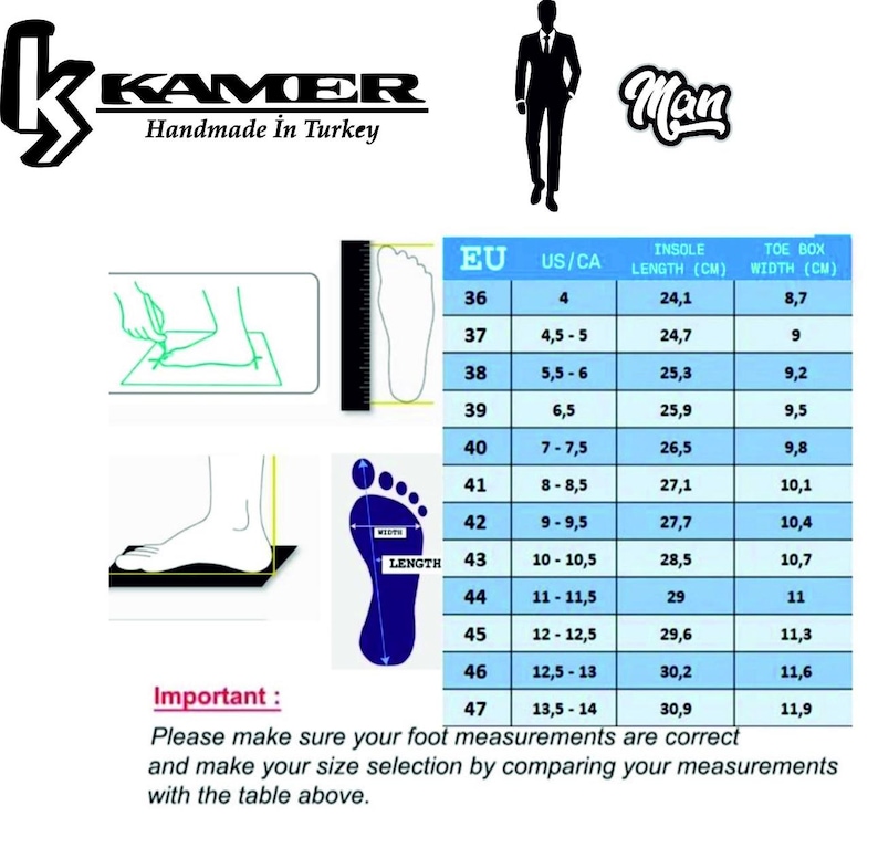 May include: A size chart for men's shoes with a table showing European shoe sizes, US/Canadian shoe sizes, insole length in centimeters, and toe box width in centimeters. The chart is labeled "Important: Please make sure your foot measurements are correct and make your size selection by comparing your measurements with the table above."