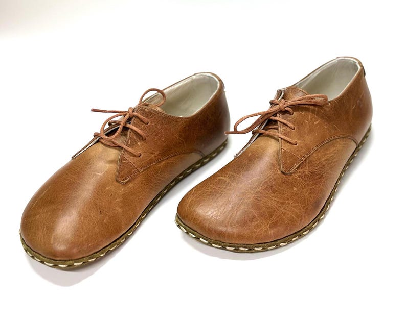 May include: A pair of brown leather lace-up shoes with a stitched edge on the sole.