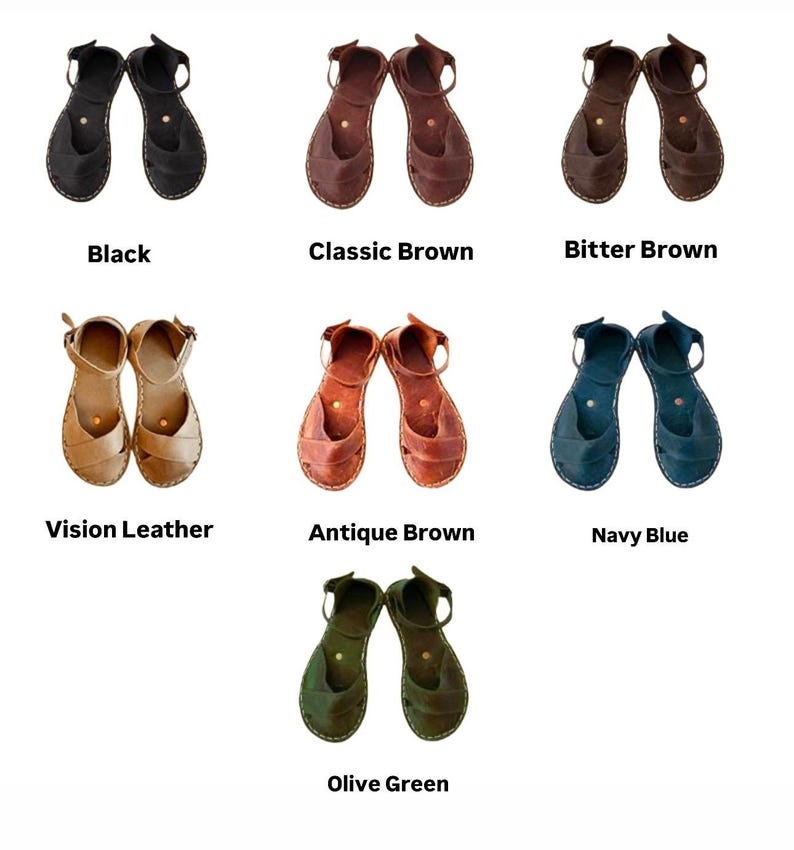 May include: Pairs of leather sandals in various colors, including black, classic brown, bitter brown, vision leather, antique brown, navy blue, and olive green. Each pair features an ankle strap and a flat sole. The image includes the color names.