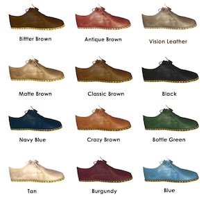 May include: Twelve pairs of leather shoes in various colors, including brown, black, blue, green, and tan. Each shoe has a lace-up closure and a brown leather sole.