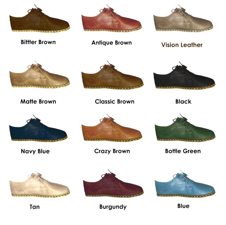 May include: Twelve pairs of leather shoes in various colors, including brown, black, blue, green, and tan. Each shoe has a lace-up closure and a brown leather sole.