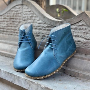 Women&#39;s Boots,Earthing Leather Boot,Barefoot shoes,Handmade Shoes,Leather Shoes,Leather Boots,Leather Outsole Boot,Laced Up Boots-Jeans Blue