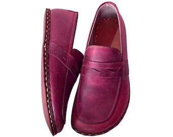 Womens Burgundy Leather Slip On Shoes, Handmade Leather Loafers, Stylish Minimalist Barefoot Shoes, Turkish Yemeni with Copper Detail