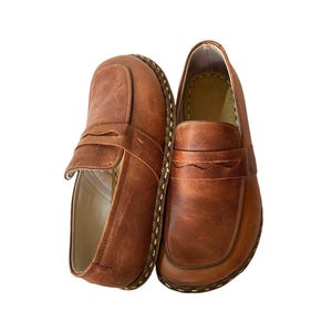 Men’s Casual Leather Shoes Brown Slip On Loafers Copper Detail Handmade Comfortable Minimalist Walking Shoes Gift for Him