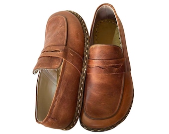 Men’s Casual Leather Shoes Brown Slip On Loafers Copper Detail Handmade Comfortable Minimalist Walking Shoes Gift for Him