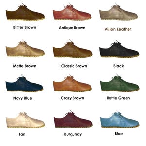 May include: Twelve pairs of leather shoes in various colors, including brown, black, blue, green, and tan. Each shoe has a lace-up closure and a brown leather sole.