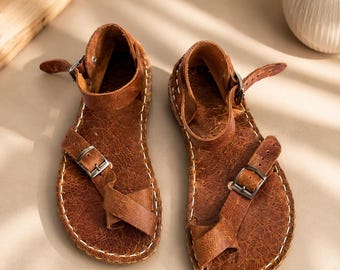 Handmade Leather Sandals Women, Minimalist Sandals, Brown Cross Strap Sandals, Summer Flat Sandals, Greek Style Sandals - Antique Brown