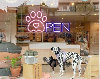 Neonreclame Pet Paw Open: Hondenverzorgingsdecor met hart