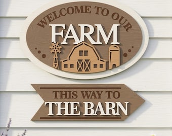 Aangepaste houten bordset voor boerderij, gepersonaliseerd welkom op onze boerderij muurdecoratie, This Way to The Barn pijlbord, 3D gelaagde rustieke boerderijdecor